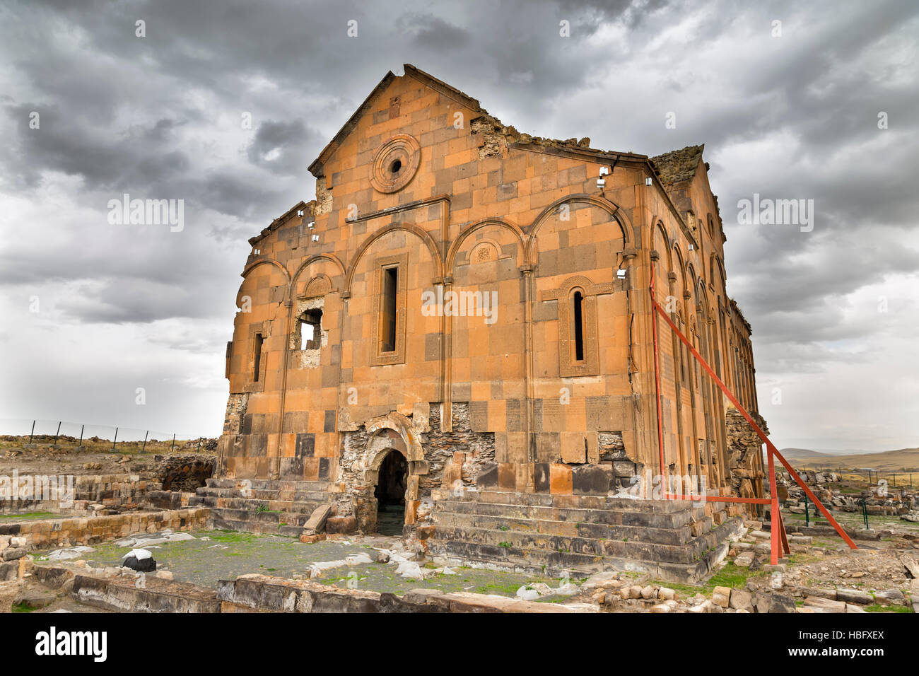 Exterior view of Cathedral of Ani, Armenian Cathedral in Ani. Ani is a ruined medieval Armenian city situated in Kars Stock Photo