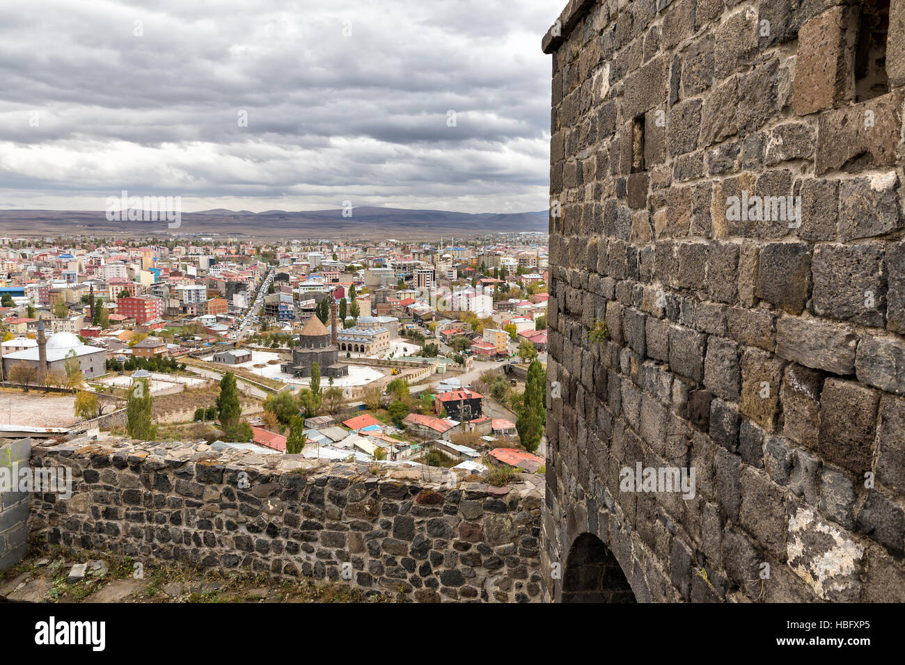 High angle view of Kars city through the castle of Kars. Kars is a city in northeast Turkey. Stock Photo