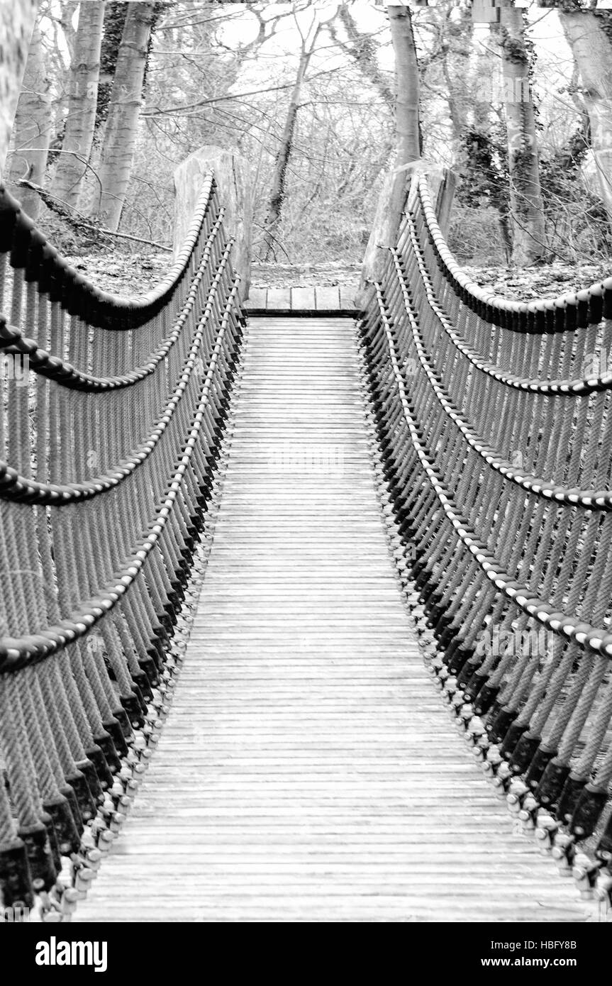 by the suspension bridge in black and white Stock Photo