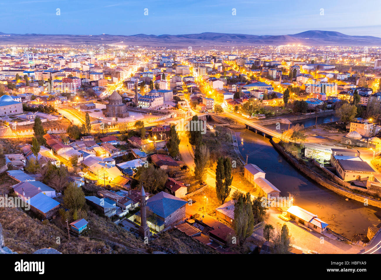 Twilight view of Kars city through the castle of Kars. Kars is a city in northeast Turkey and the capital of Kars Province. Stock Photo