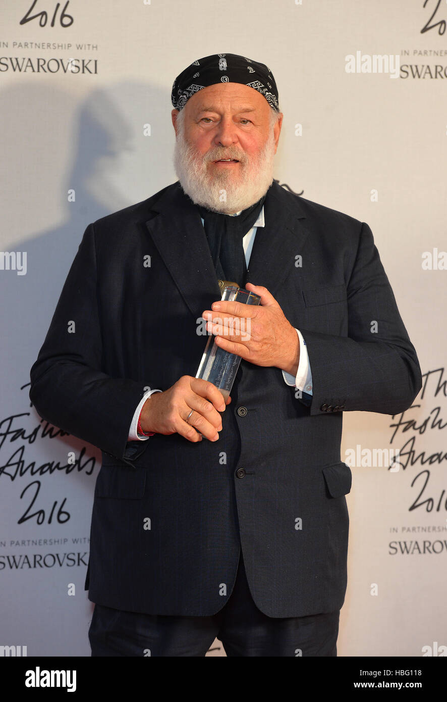 Bruce Weber with his Isabela Blow Award for Fashion Creator in the press room during The Fashion Awards 2016 at the Royal Albert Hall, London. Stock Photo
