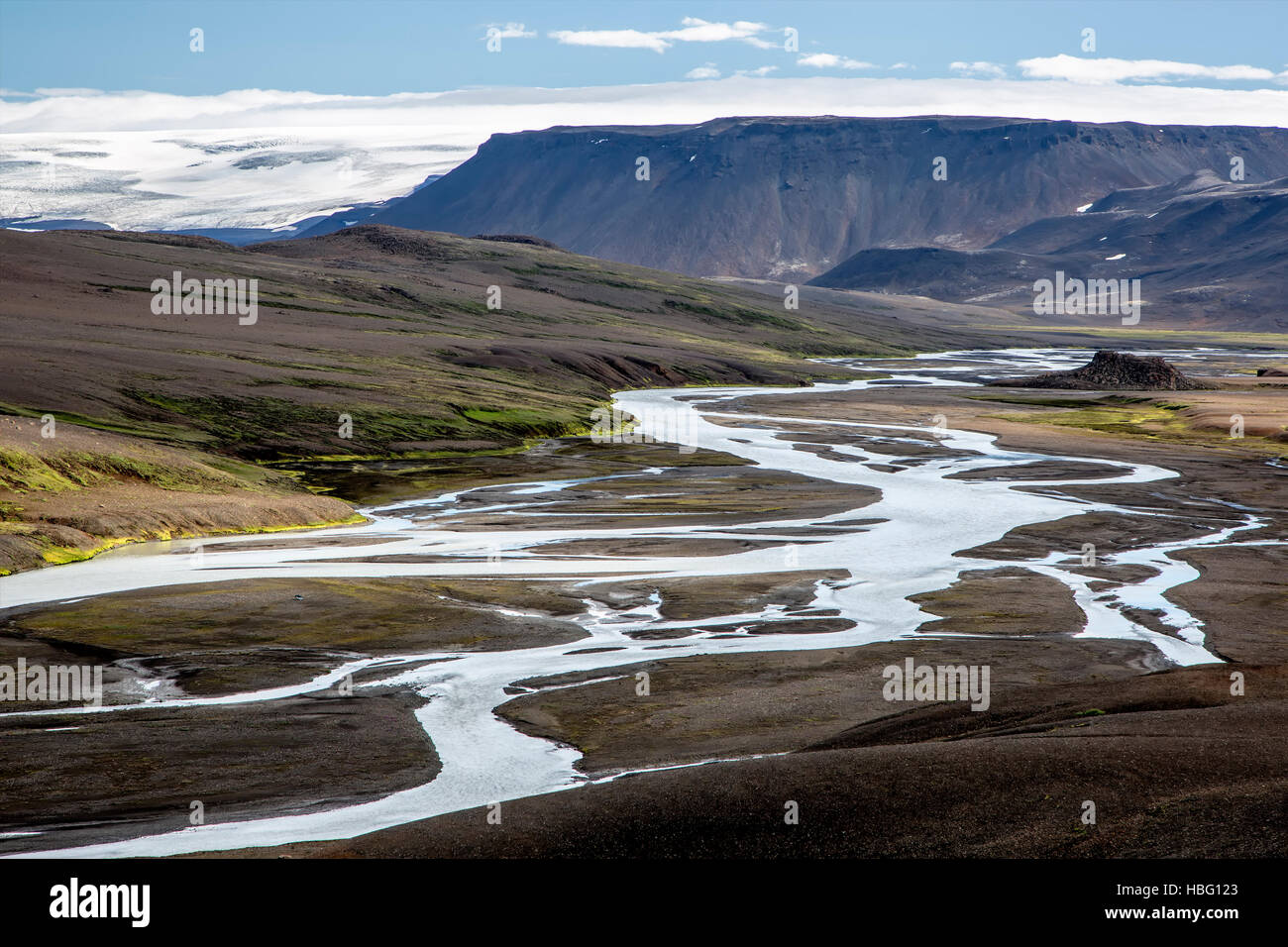 Braided river and butte in the distance, near Kerlingarfjoll, Iceland Stock Photo