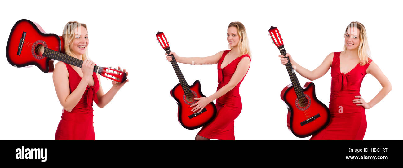 Pretty girl holding guitar isolated on white Stock Photo - Alamy