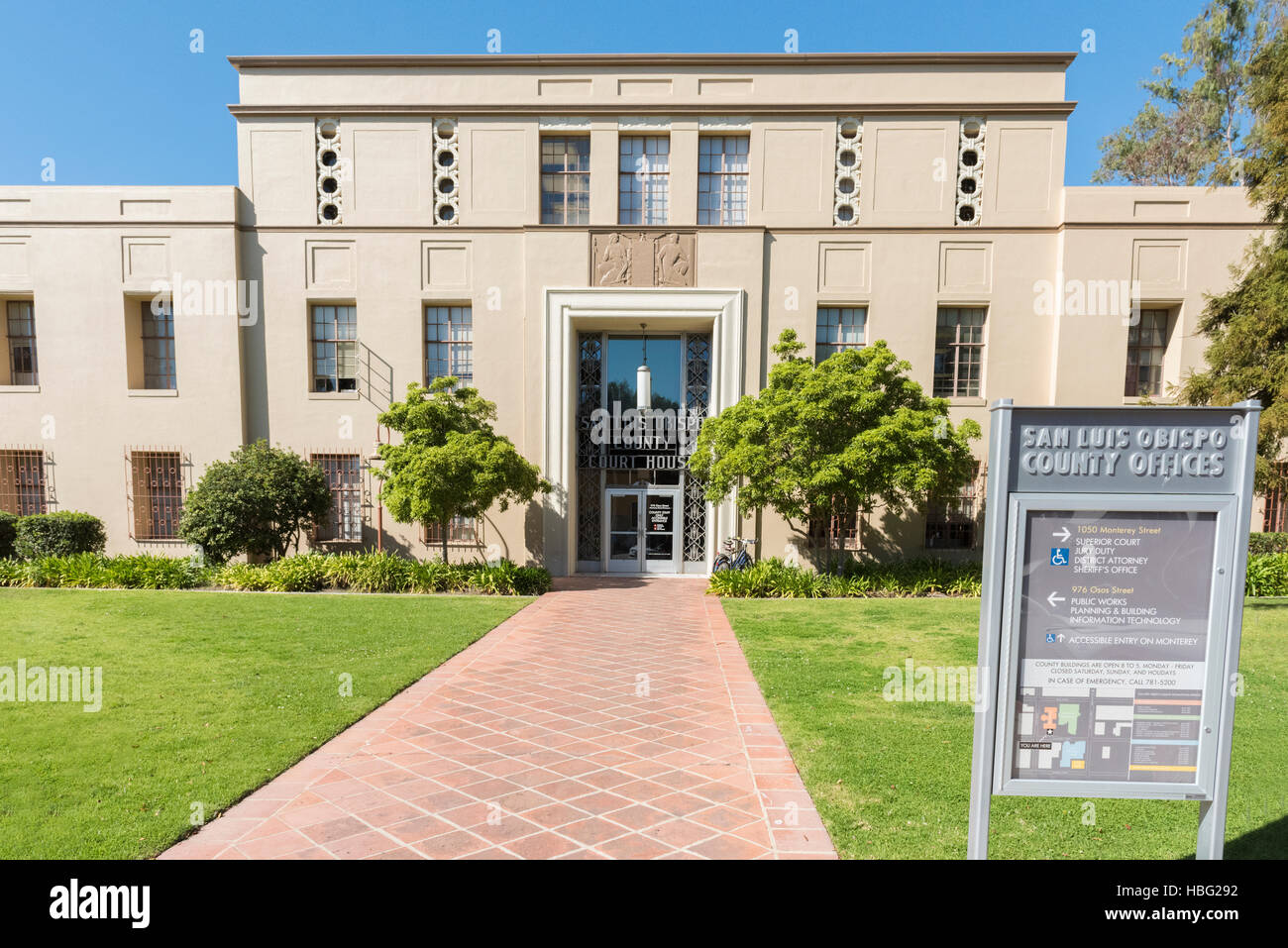 The County Court House and County Offices (Including Public Works Dept.) at San Luis Obispo, California, USA. Stock Photo