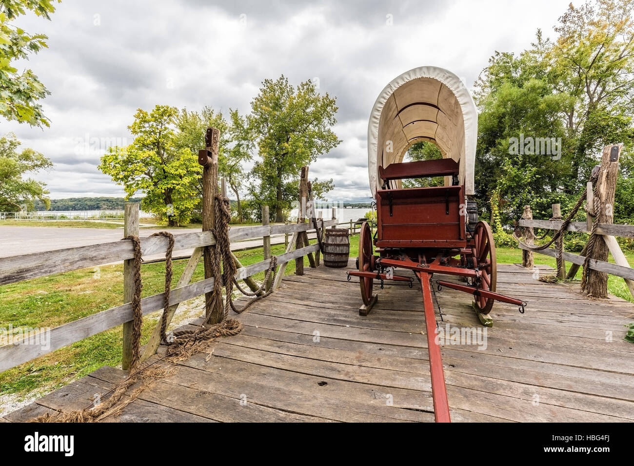 Covered wagon display at Nauvoo Historical Park, Il. Stock Photo