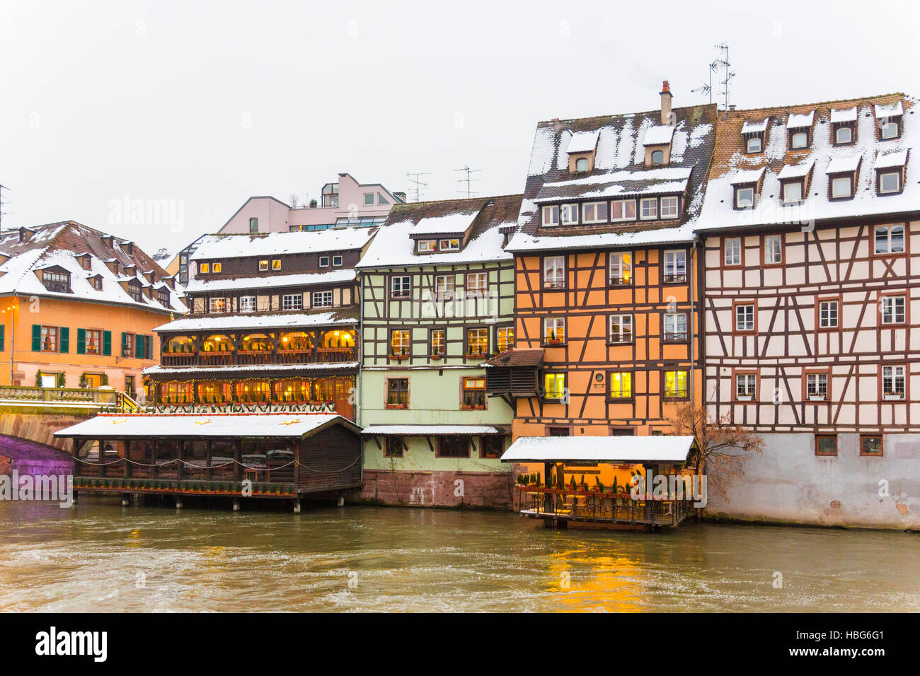 Half timbered houses on Petite France or Llittle France at wintertime old town, Strasbourg, Alsace, Bas Rhin, France, Europe Stock Photo