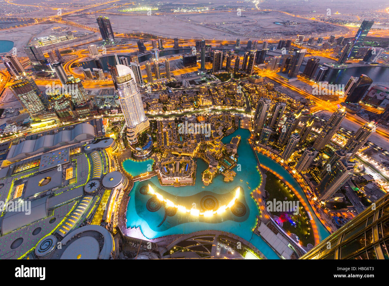 View from Burj Khalifa observation deck, Dubai Fountain, The Address  Downtown Burj, Dubai Mall and Souk Al Bahar, evening Stock Photo - Alamy