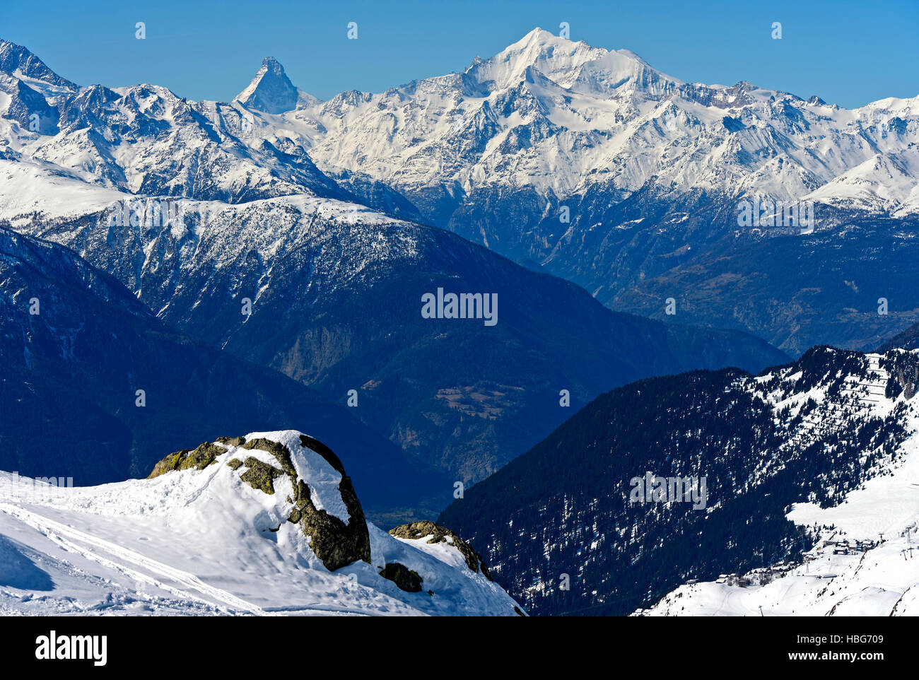 View from Bettmeralp to The Matterhorn and Weisshorn, Bettmeralp, Valais, Switzerland Stock Photo