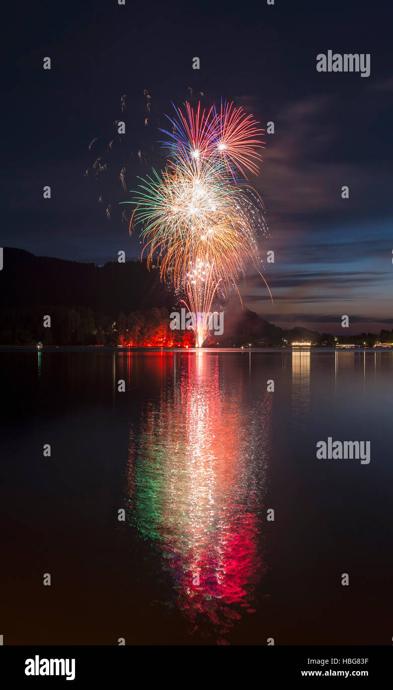 Fireworks at Lake Schliersee, reflection, Upper Bavaria, Bavaria, Germany Stock Photo