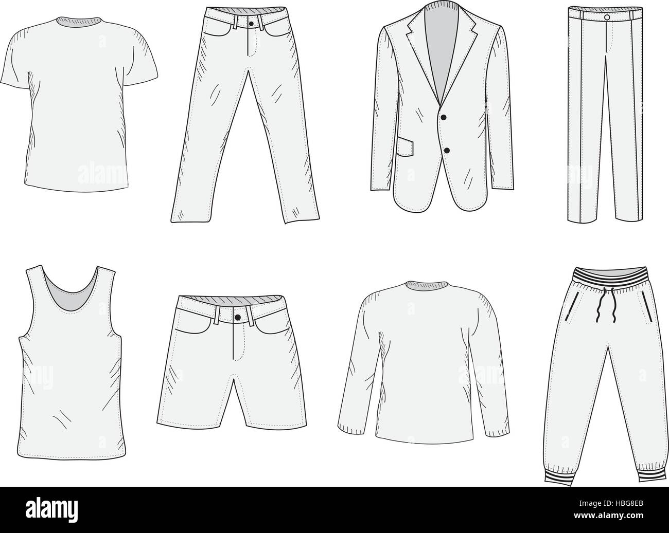 Clothing set sketch. Men's clothes, hand-drawing style. Business suit, jogging suit, T-shirt and shorts, summer clothes. Men's clothes vector illustration. Stock Vector