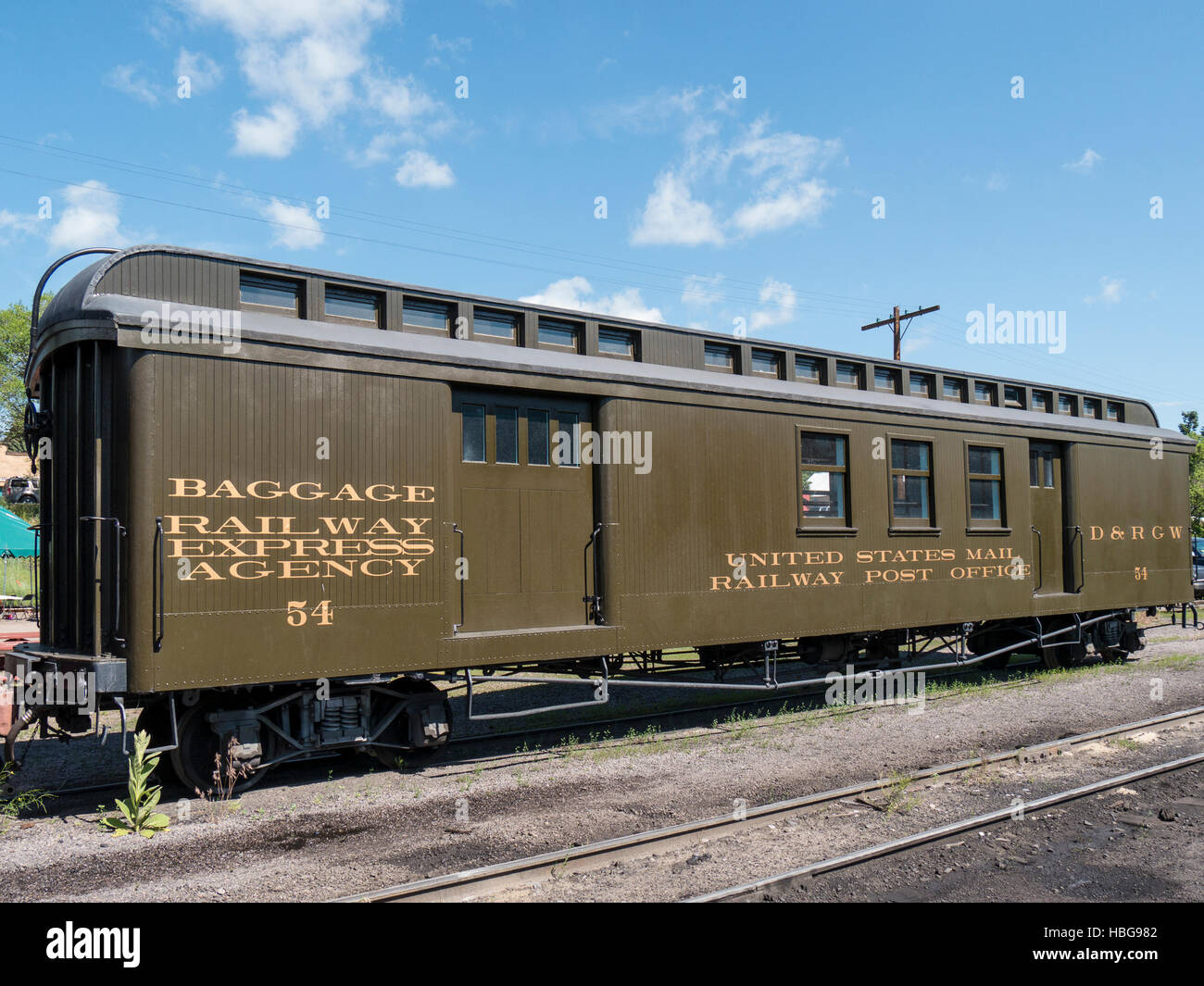 Railway Express Agency baggage car, Cumbres & Toltec Scenic Railroad, Chama,  New Mexico. Stock Photo