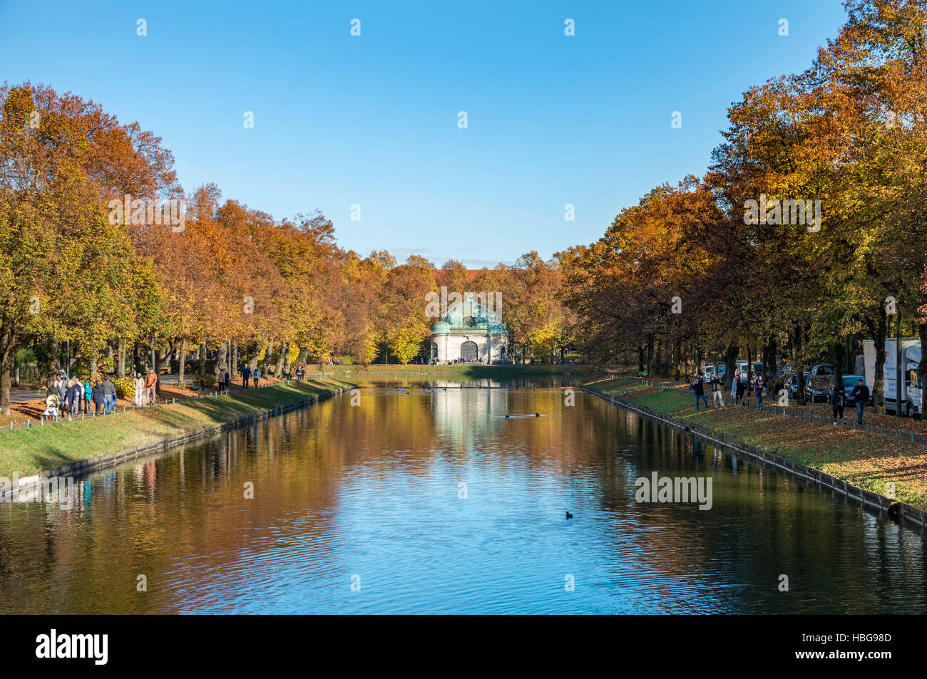 Hubertusbrunnen with Nymphenburg Canal, , Schlosskanal, Munich, Upper Bavaria, Bavaria, Germany Stock Photo