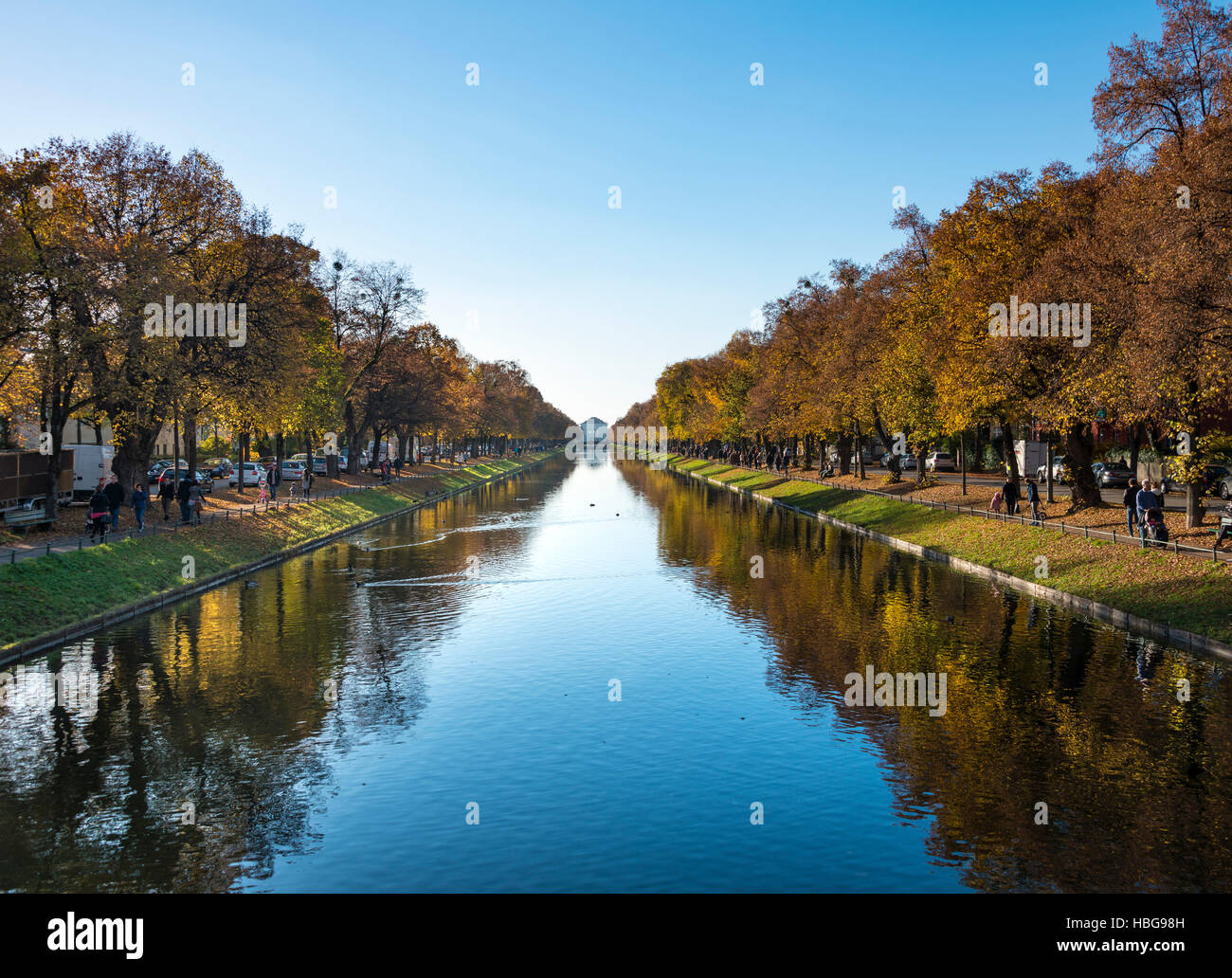 East side of Nymphenburg Palace in autumn with lock channel, Munich, Upper Bavaria, Bavaria, Germany Stock Photo