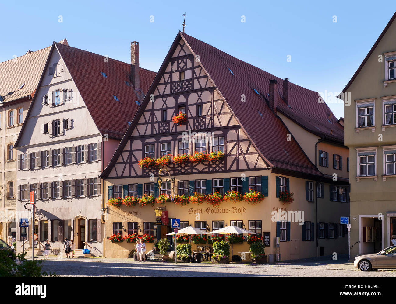 Golden Rose Hotel on market square, Dinkelsbühl historic center, Middle Franconia, Franconia, Bavaria, Germany Stock Photo