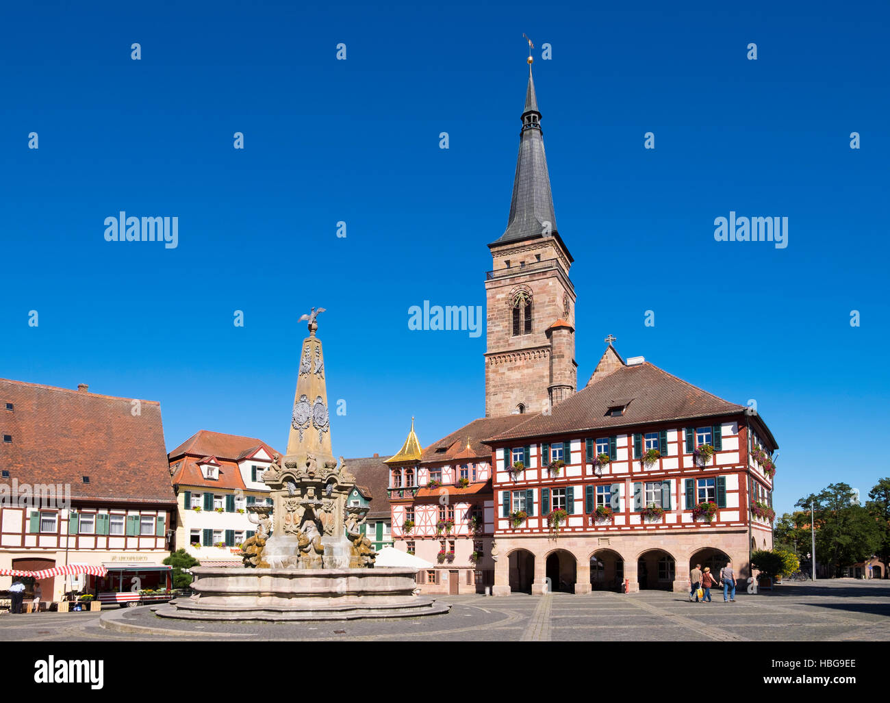 Schöner Brunnen, fountain, town hall and church, Königsplatz, Schwabach, Middle Franconia, Franconia, Bavaria, Germany Stock Photo