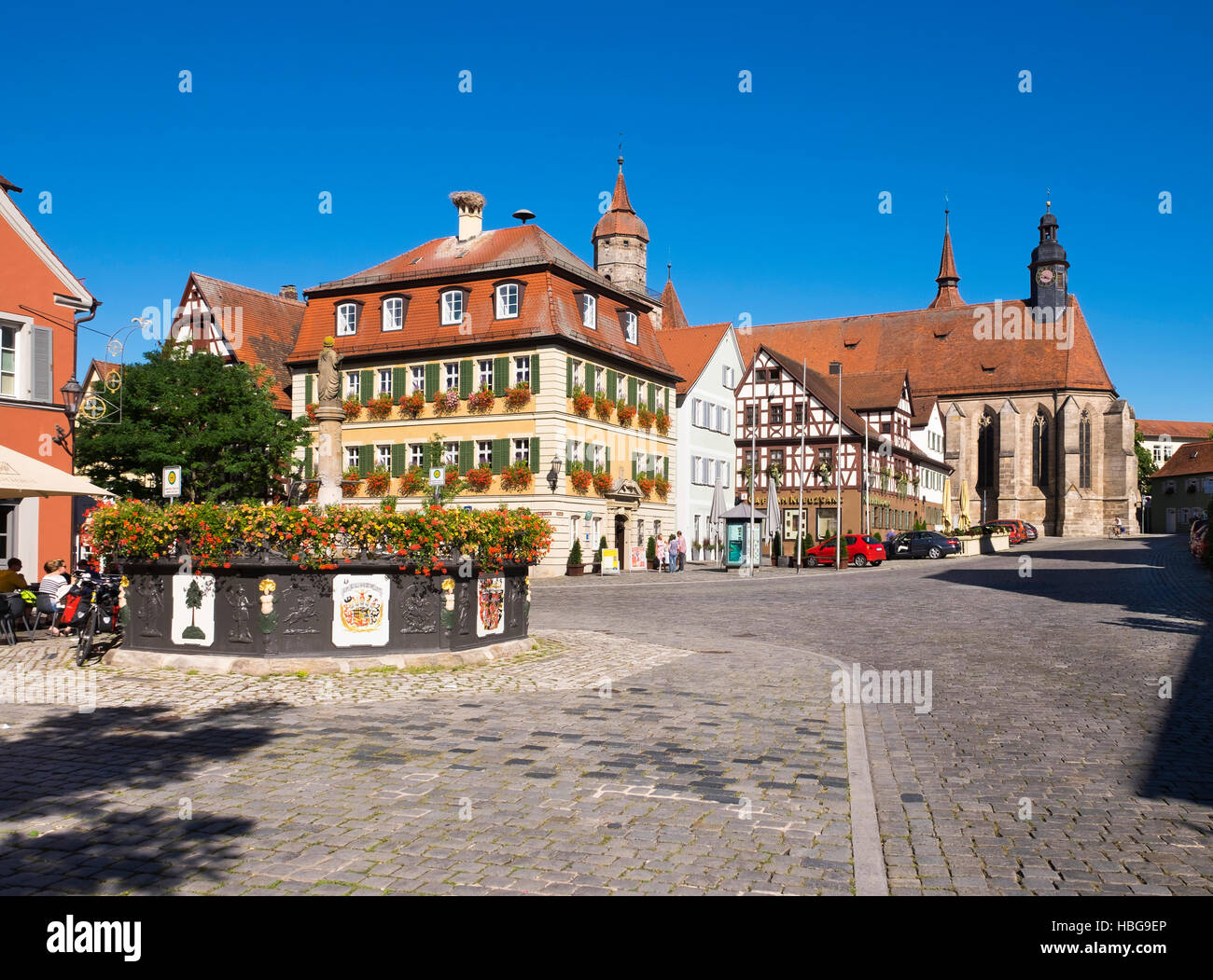 Market square, Tube Fountain and Collegiate Church, Feuchtwangen, Middle Franconia, Franconia, Bavaria, Germany Stock Photo