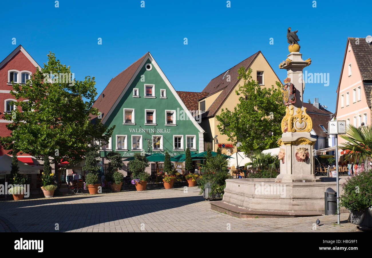 Market square with Markgrafen-Brunnen fountain, Roth, Middle Franconia, Franconia, Bavaria, Germany Stock Photo
