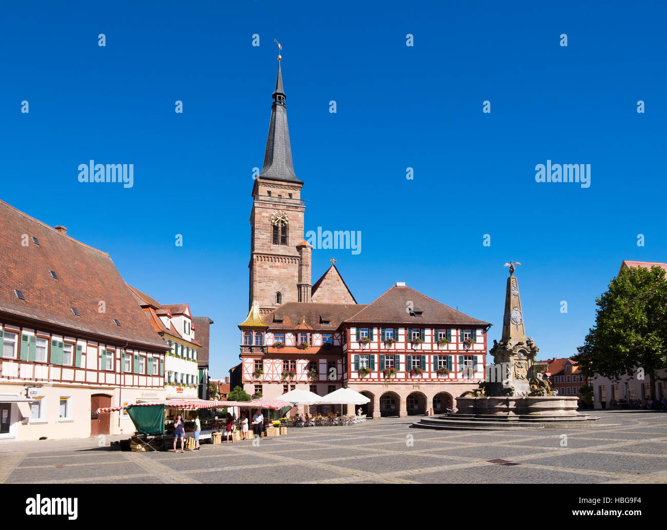 Schöner Brunnen, fountain, town hall and church, Königsplatz, Schwabach, Middle Franconia, Franconia, Bavaria, Germany Stock Photo