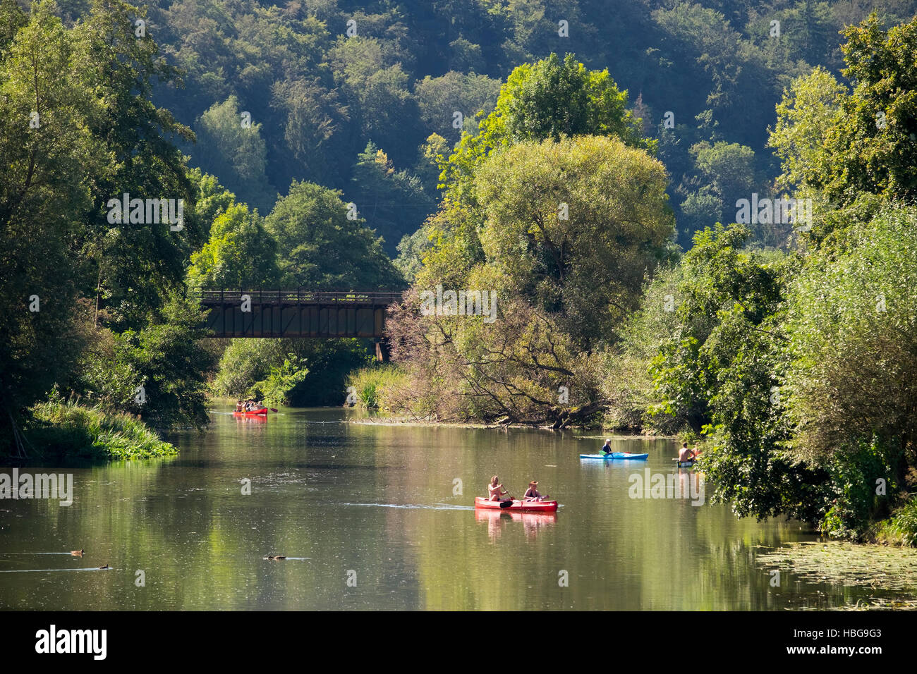 Canoe and kayak on the Altmühl River, Dollnstein, Altmühltal, Upper Bavaria, Bavaria, Germany Stock Photo