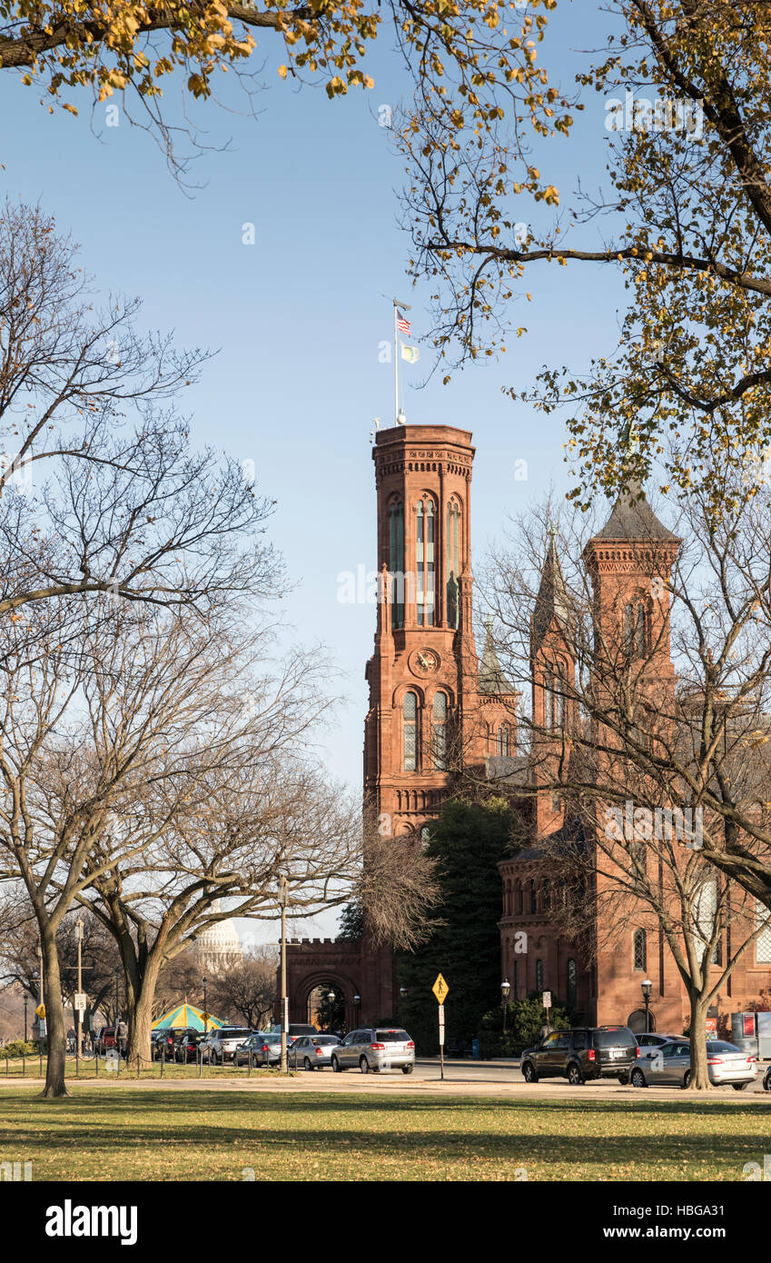 Smithsonian Institution Castle on the Mall, Washington DC with fall foliage Stock Photo
