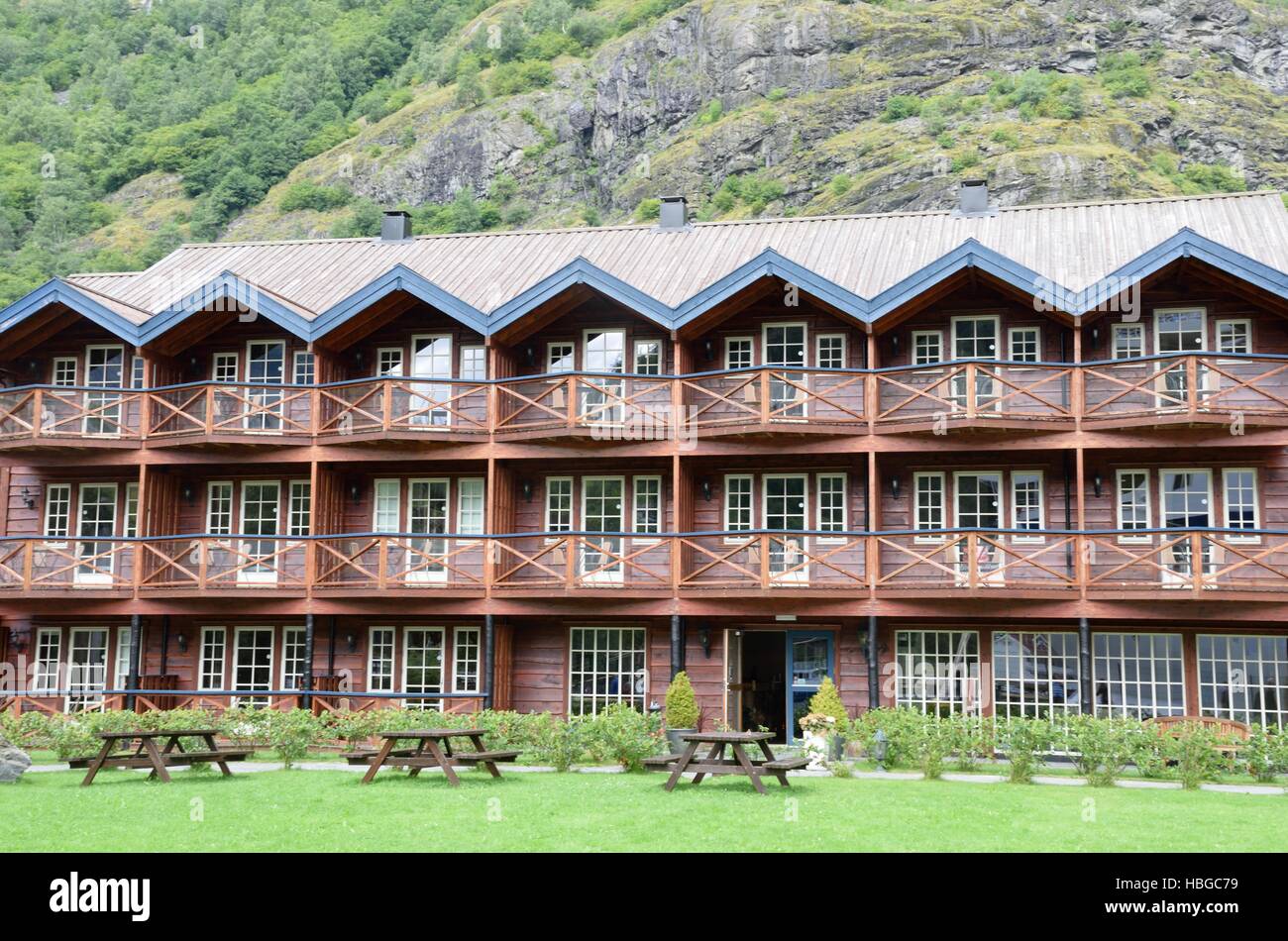 Typical Norwegian chalet style hotel Stock Photo