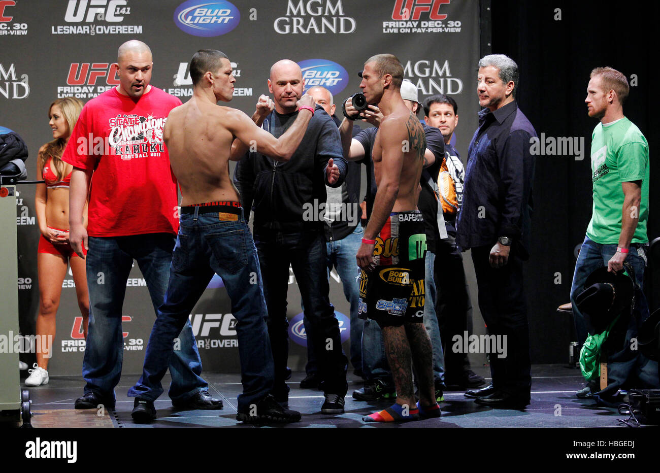 UFC fighters Dennis Silver, left, and Donald Cerrone square-off during a  weigh-in for UFC 137 in Las Vegas, Nevada on Friday, October 28, 2011.  Photo by Francis Specker Stock Photo - Alamy