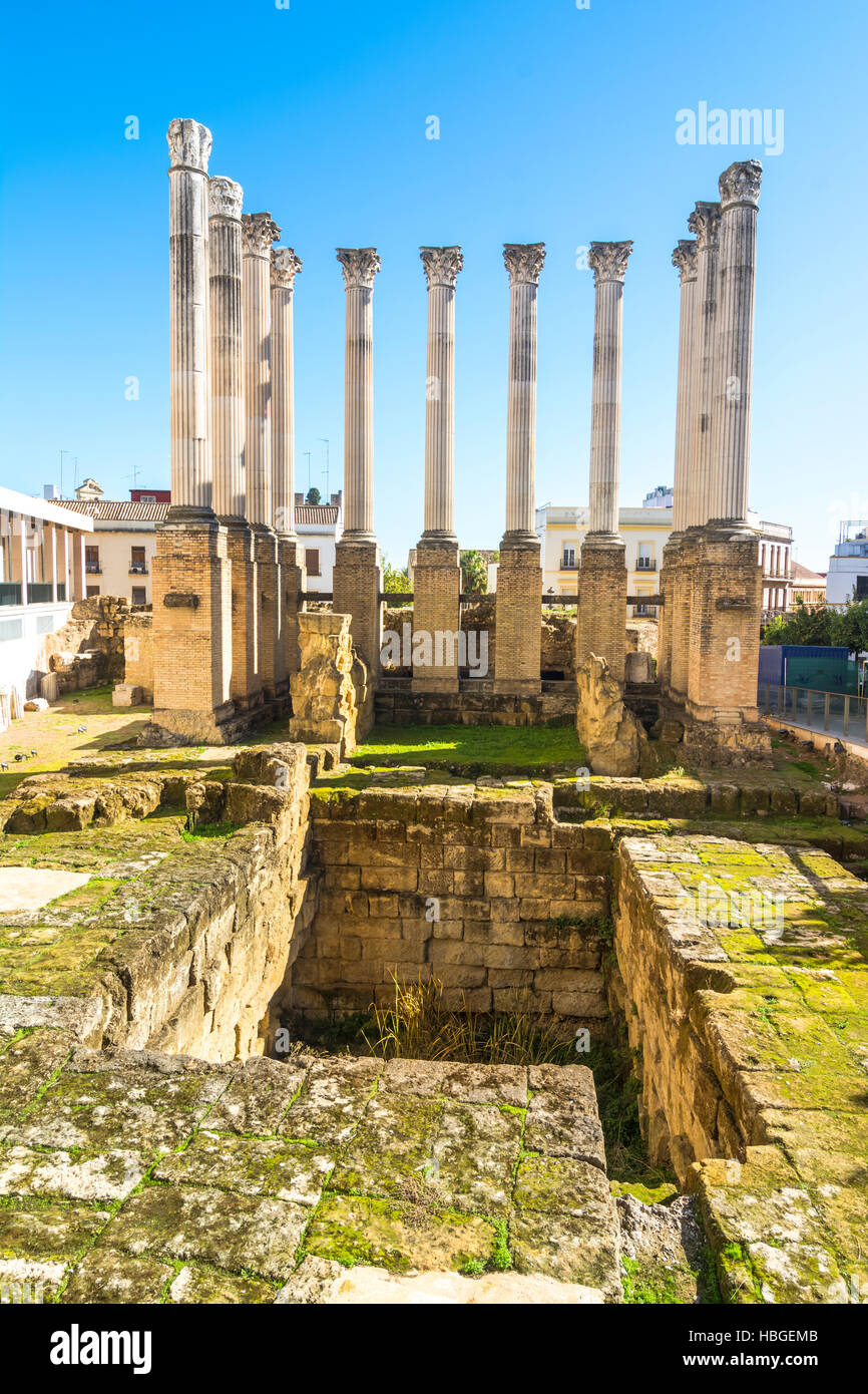 Roman columns of the temple of Cordoba from the street, Spain Stock Photo