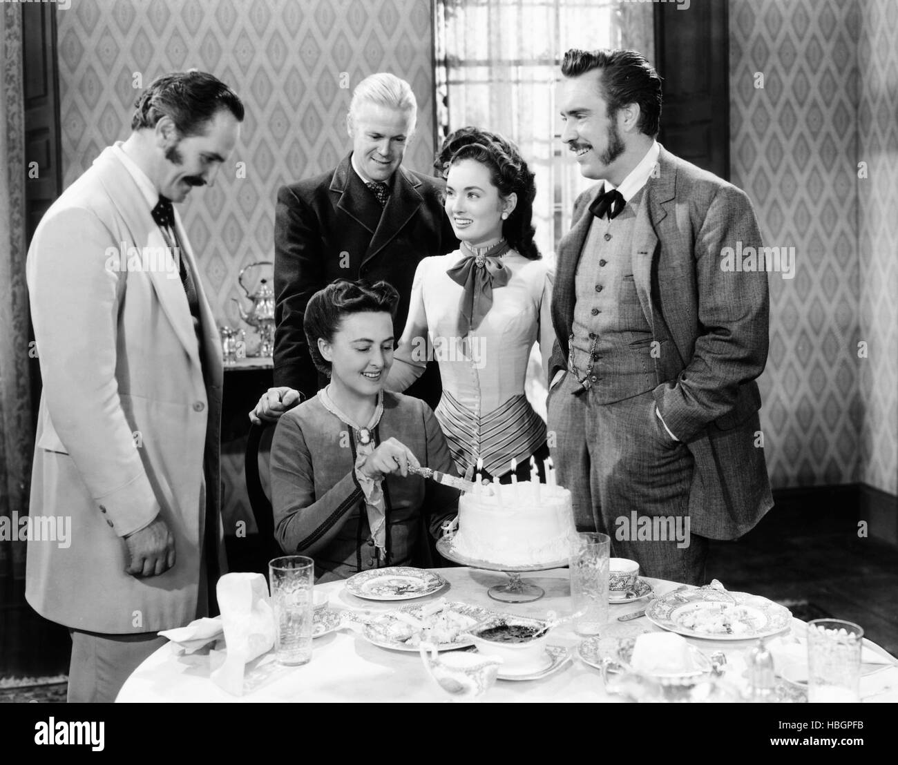 ANOTHER PART OF THE FOREST, from left: Fredric March, Florence Edlridge, Dan Duryea (rear), Ann Blyth, Edmond O'Brien, 1948 Stock Photo