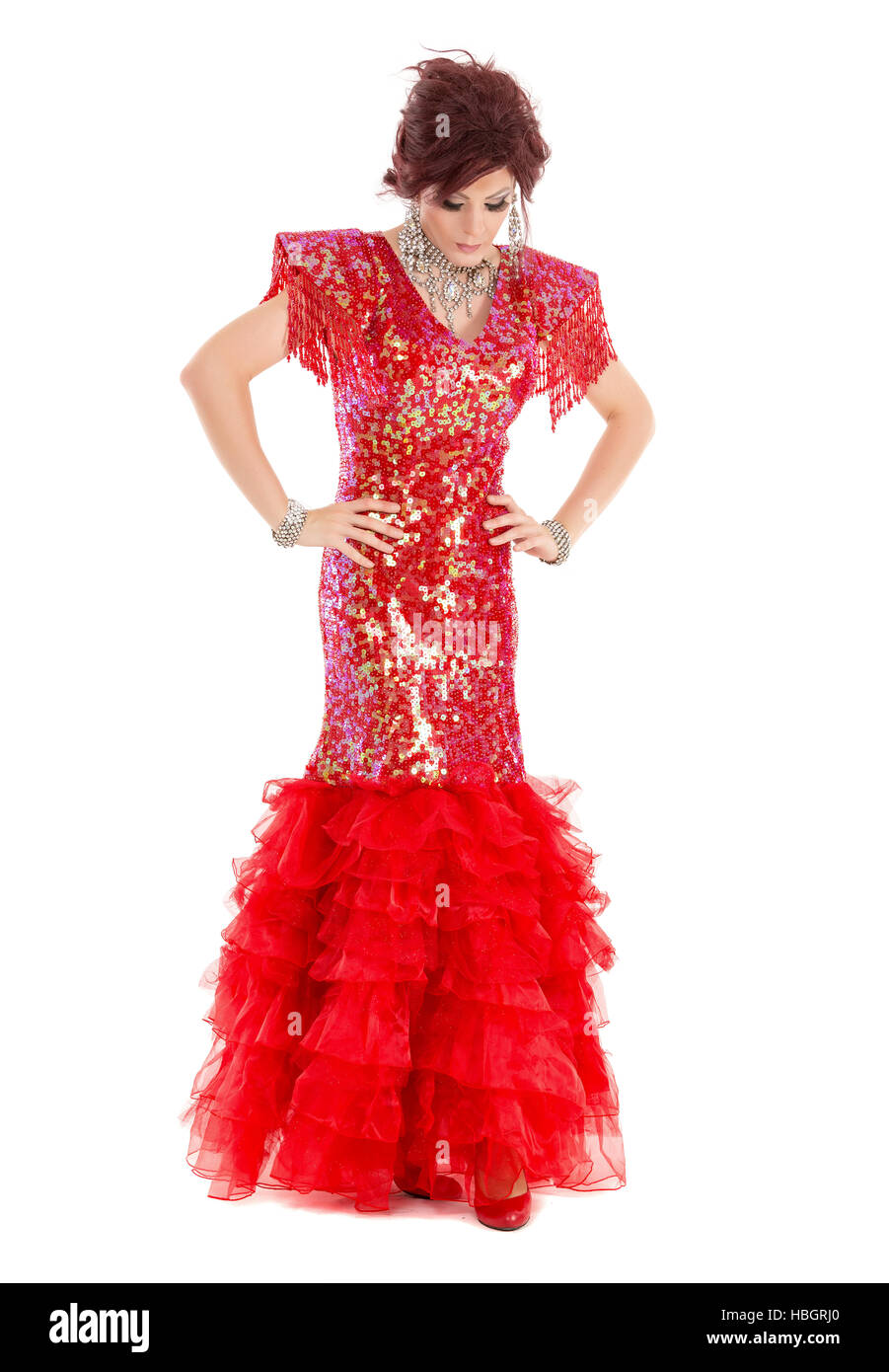 Portrait Drag Queen in Red Dress Performing Stock Photo