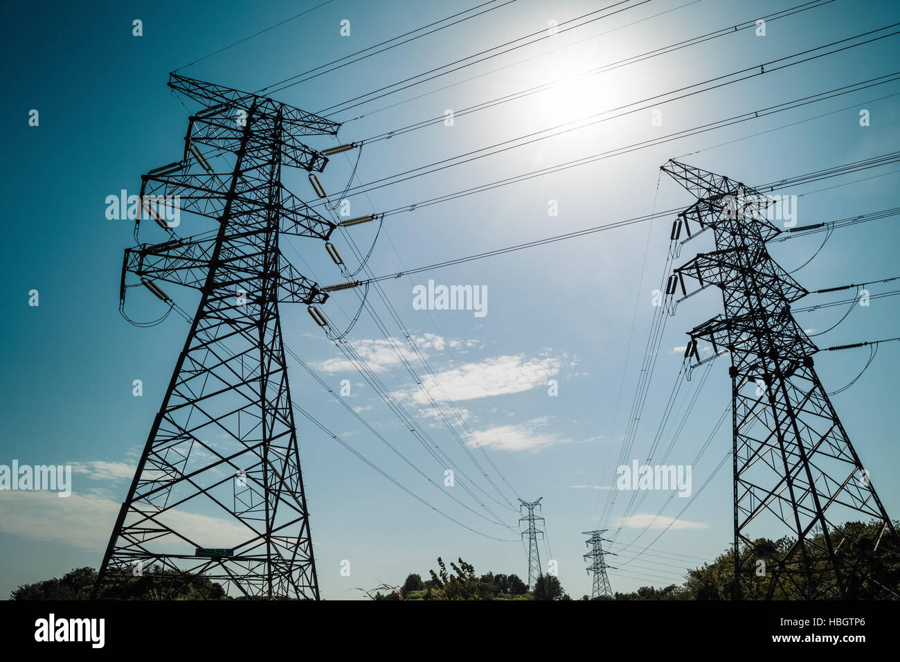 high voltage power transmission tower Stock Photo