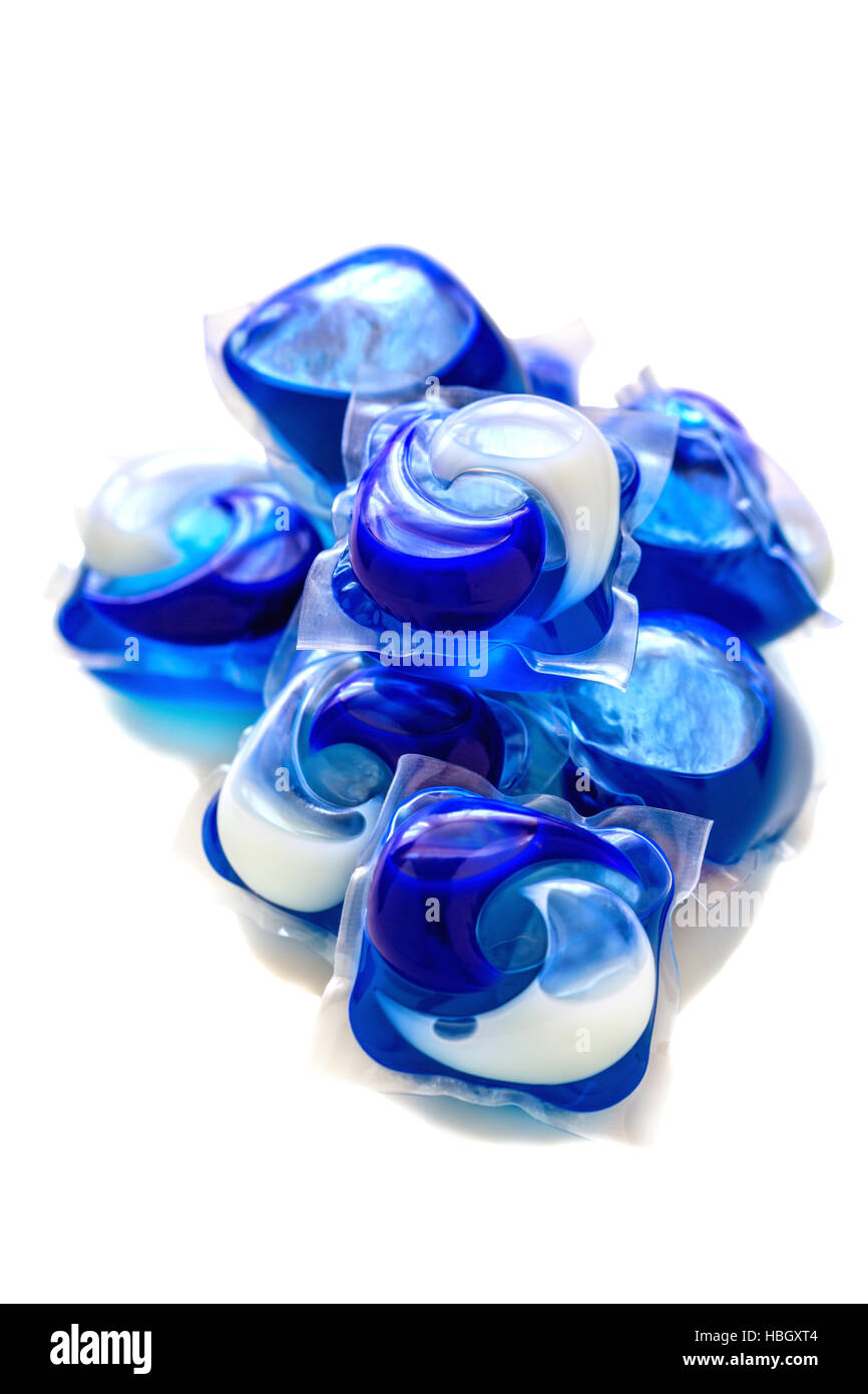 Gel capsules with laundry detergent. Stock Photo