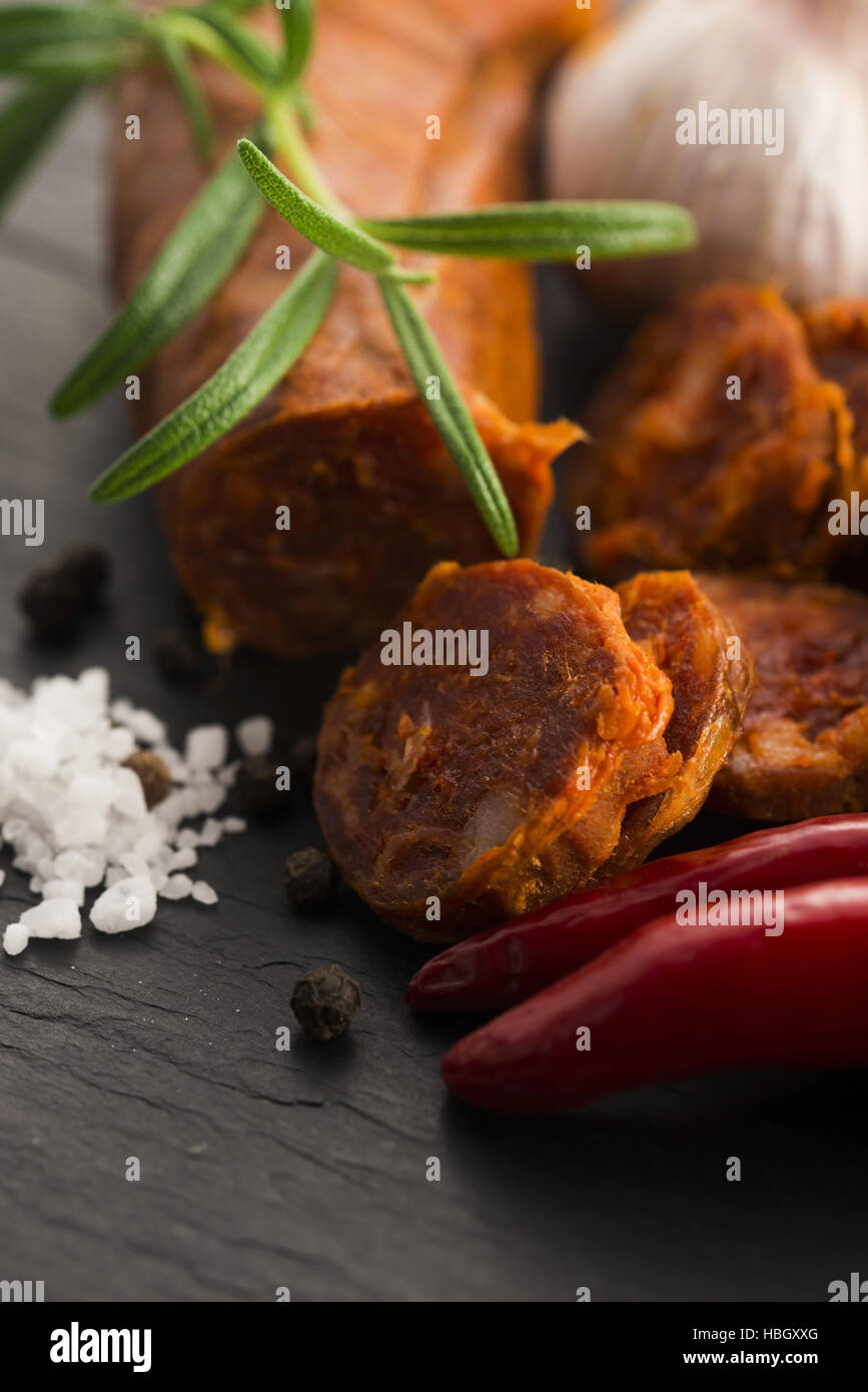 spanish traditional chorizo sausage, with fresh herbs Stock Photo - Alamy