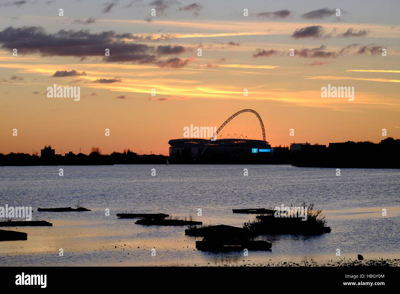 europe, UK, England, London, Wembley Stadium Welsh Harp sunset Stock Photo
