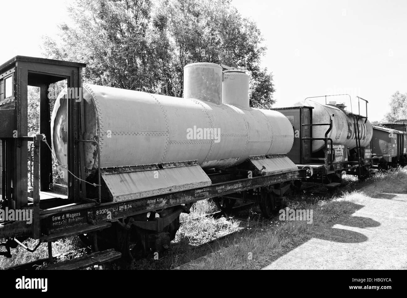 old tank wagons black-white Stock Photo