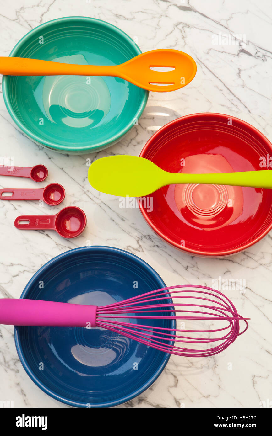 colorful kitchenware and bowls Stock Photo