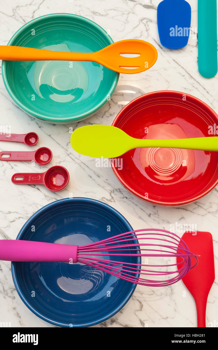 colorful kitchenware and bowls Stock Photo