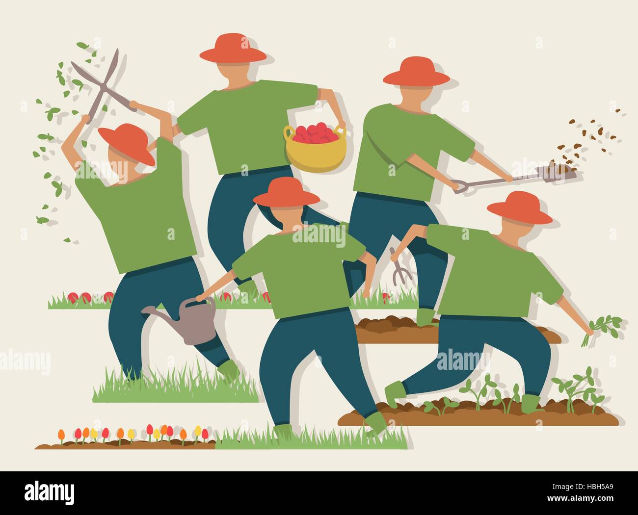 Vector illustration of a busy gardener doing various tasks Stock Vector
