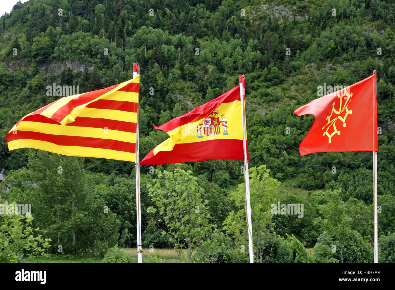 nationalflags of spain, catalonia, val d'aran Stock Photo
