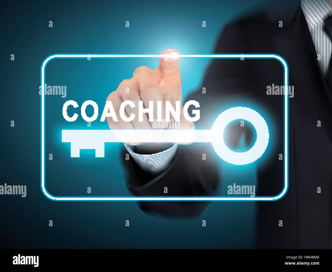 male hand pressing coaching key button over blue abstract background Stock Vector