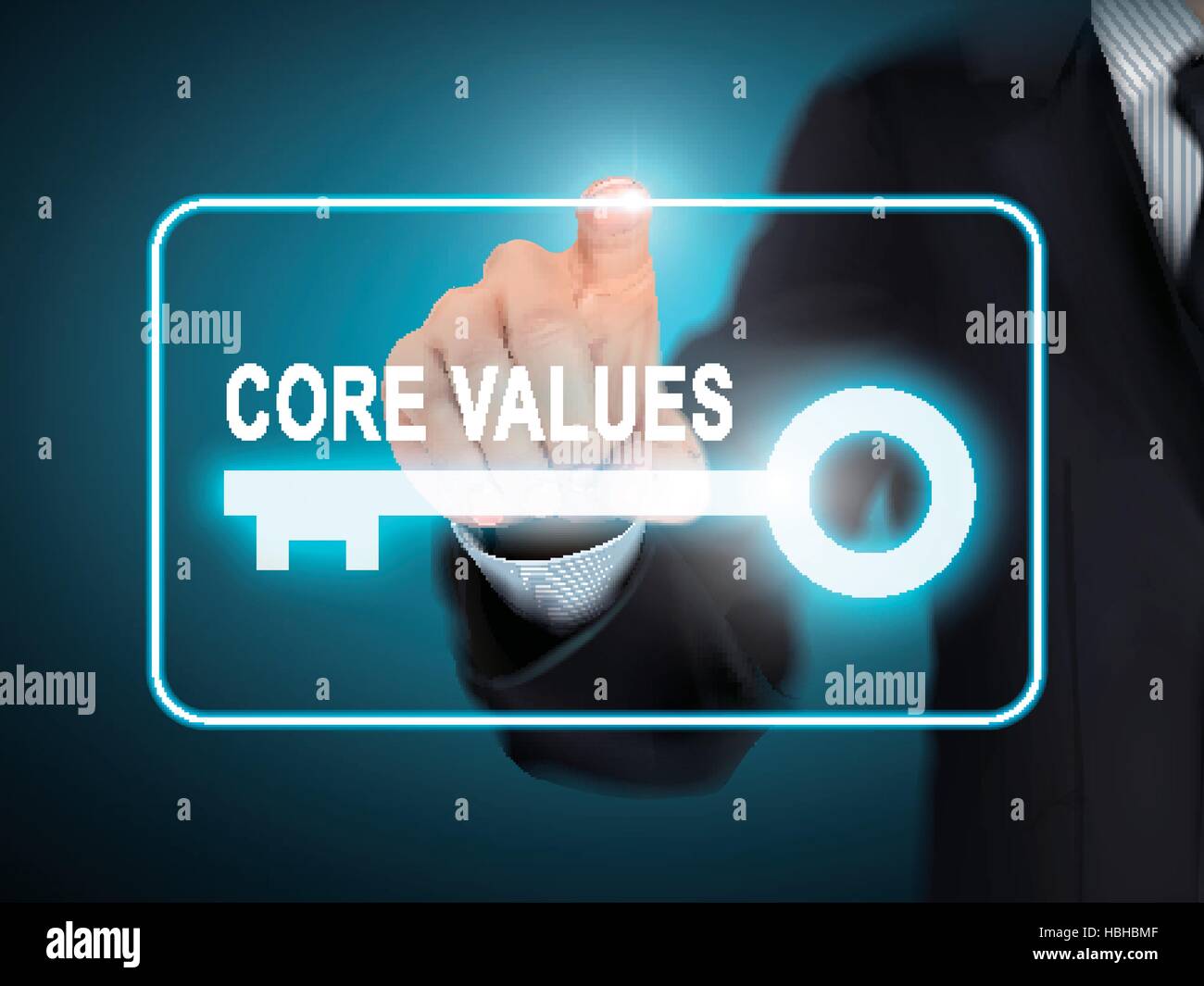 male hand pressing core values key button over blue abstract background