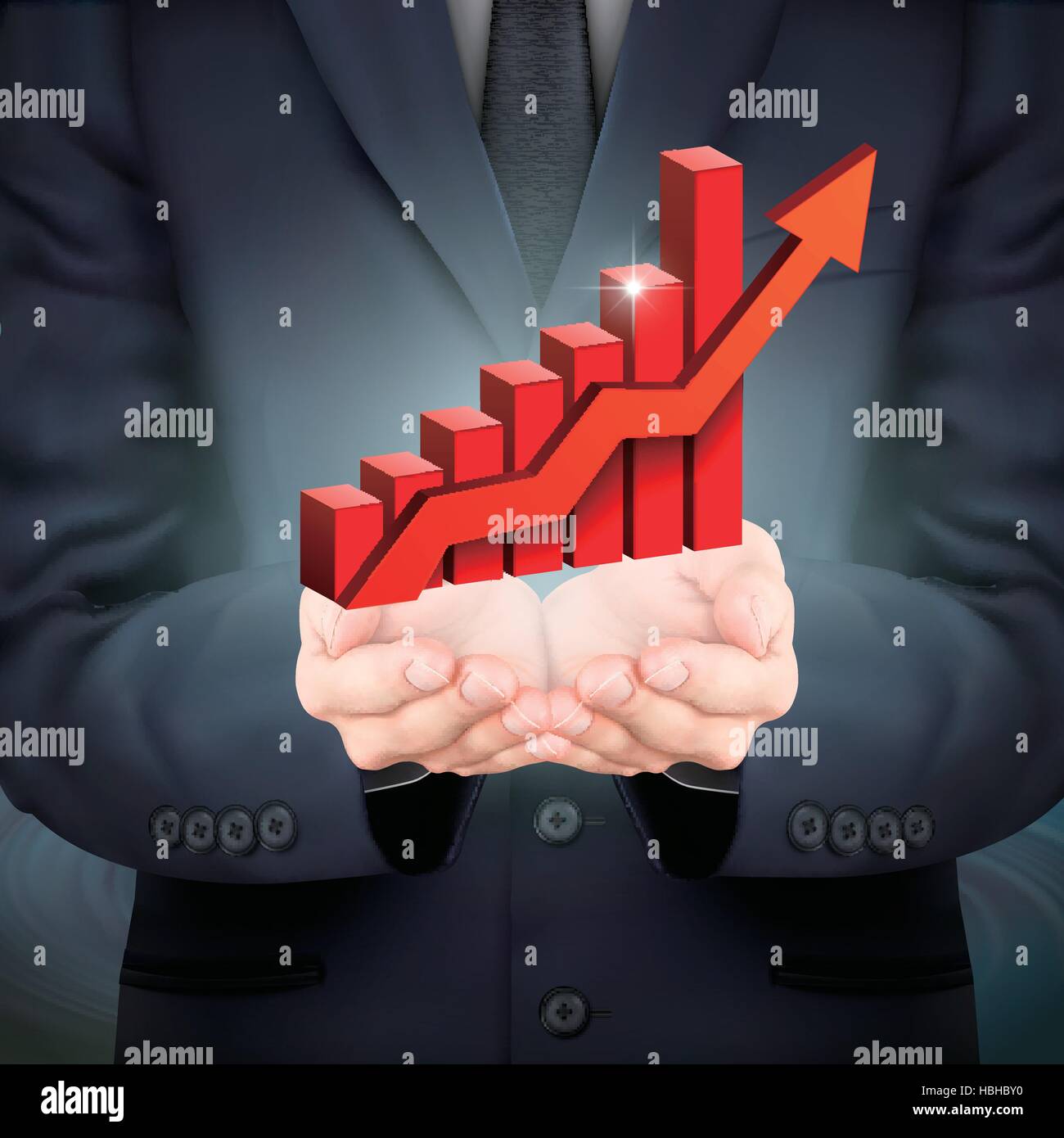 close-up look at businessman holding a bar graph with rising arrow ...