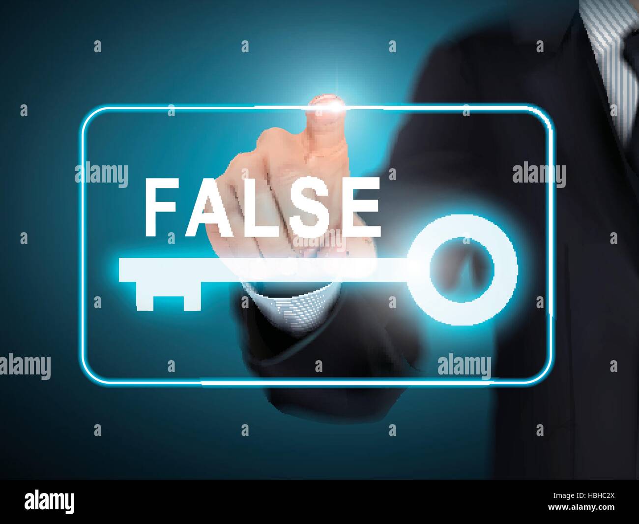 male hand pressing false key button over blue abstract background Stock Vector