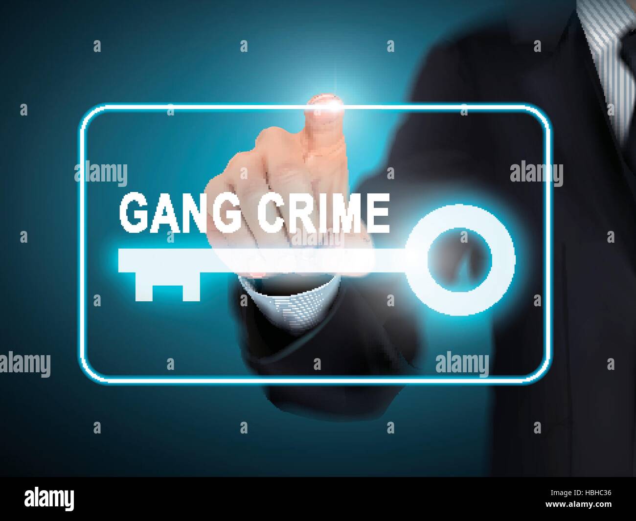 male hand pressing gang crime key button over blue abstract background Stock Vector