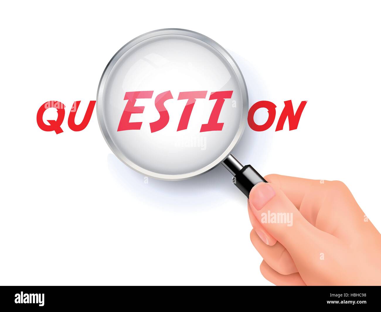 question word showing through magnifying glass held by hand Stock Vector