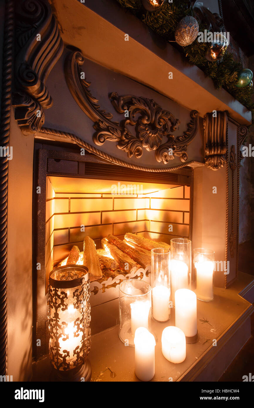 Christmas Eve Fireplace In The Room With Candles Spruce