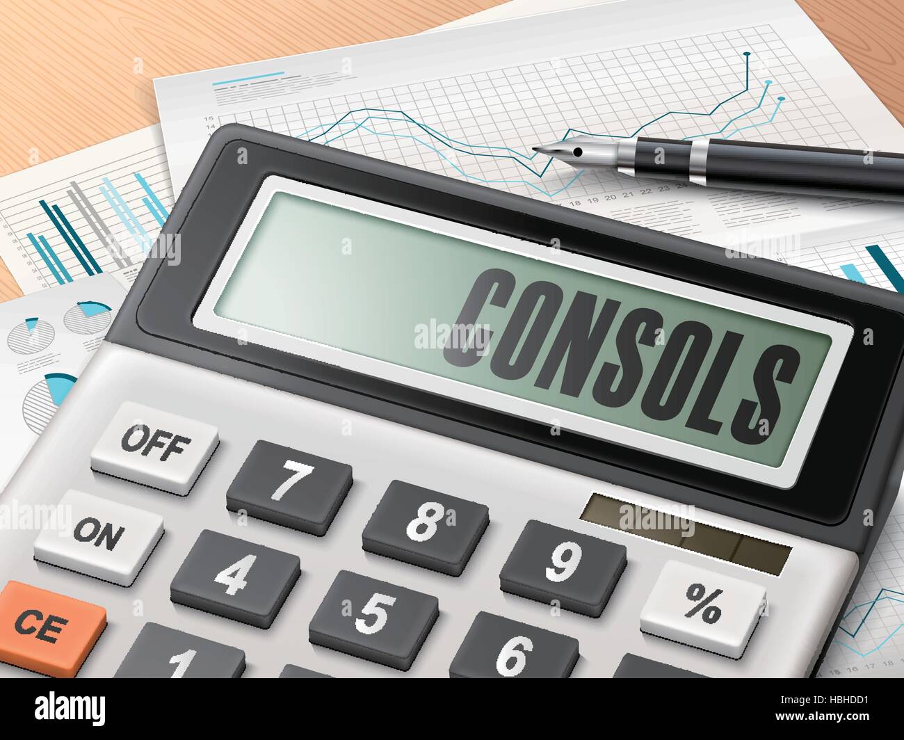 calculator with the word consols on the display Stock Vector