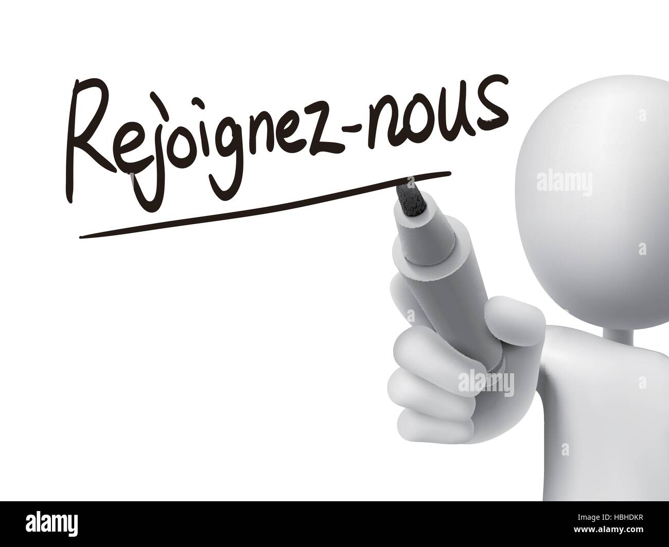 French words for Join us written by 3d white man on a transparent board