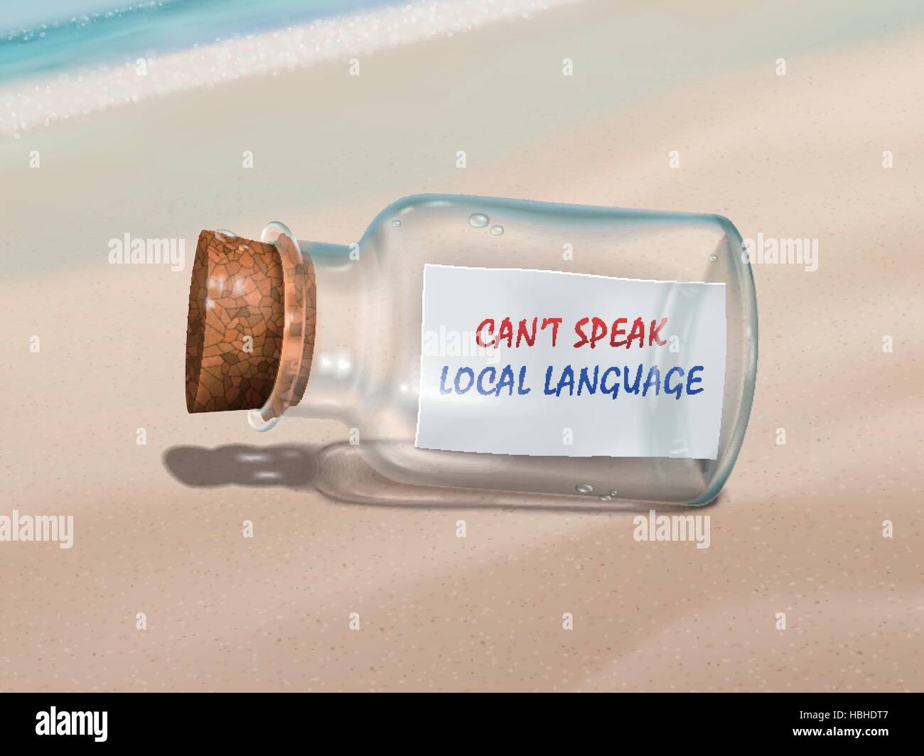 can't speak local language message in a bottle isolated on beautiful beach Stock Vector