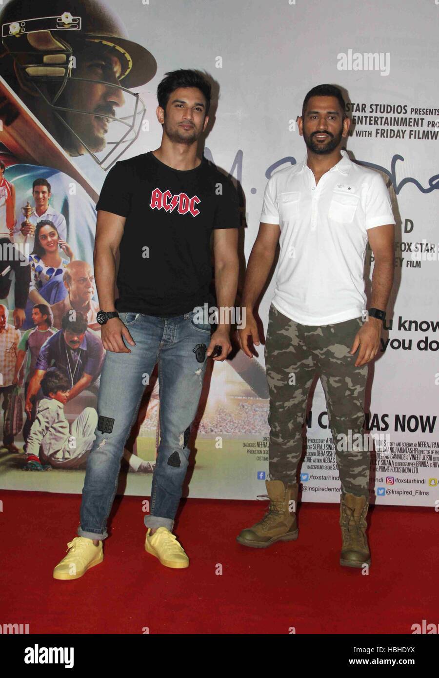 Sushant Singh Rajput ; Indian Bollywood actor with Indian cricket player Mahendra Singh Dhoni at promotion of film M S Dhoni in Mumbai India Asia Stock Photo