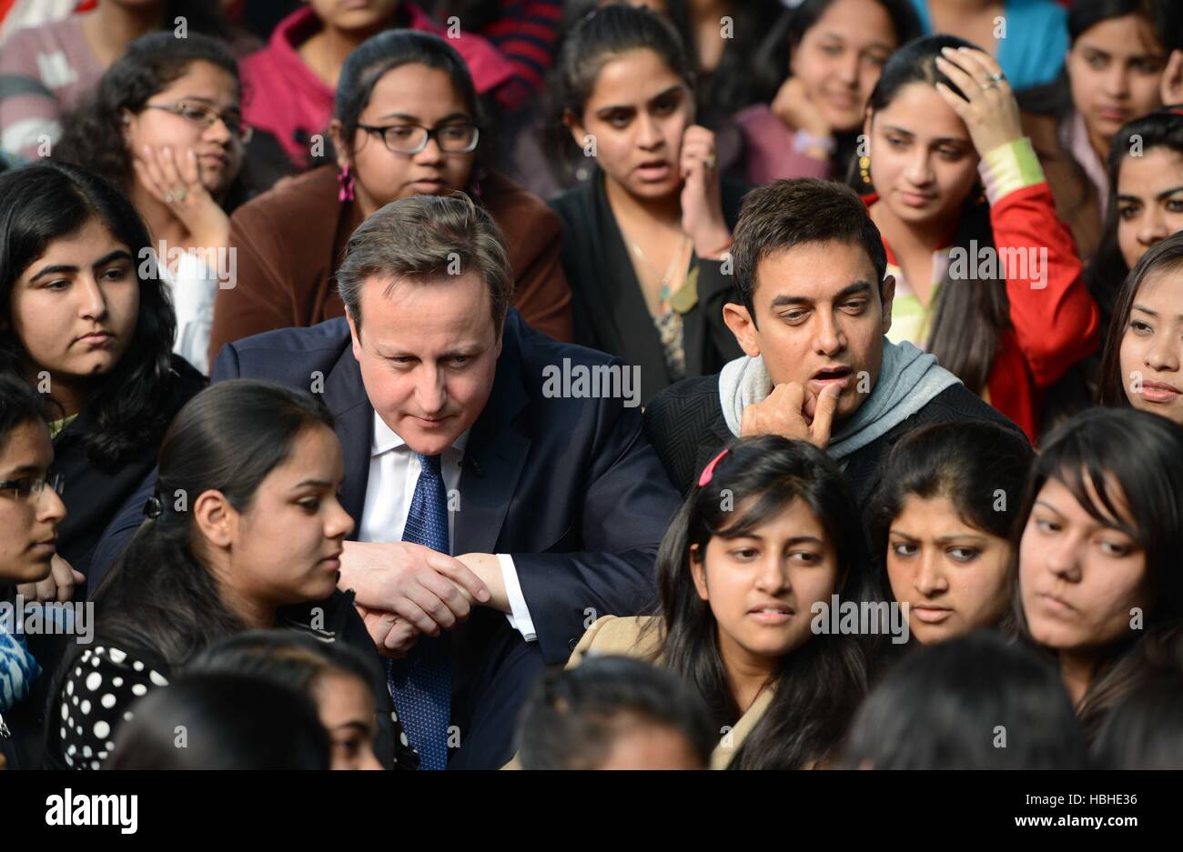British Prime Minister David Cameron Indian Bollywood actor Aamir Khan interacts students collage Janki Devi Memorial Delhi Stock Photo